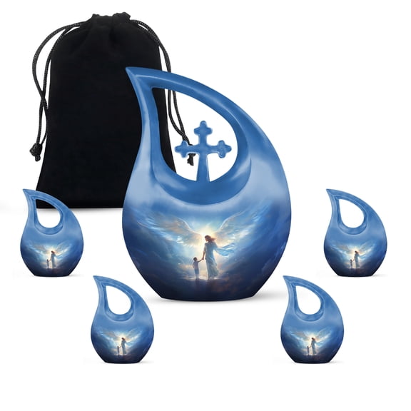 MUKTIVE Angle Burial Combo Sets Urns for Adult for Male & Female Ashes, Blue Urn for Ashes Adult Male, Handmade Memorial Gifts for Loss of Dad, Cremains Containers, (1 Large 10 ", 4 Keepsake 3 ") Es