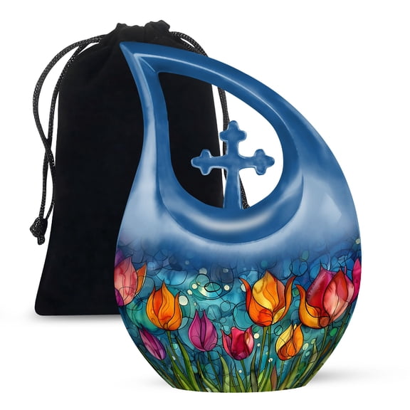 MUKTIVE Artistic Tulip Cremation Urns for Men and Women, Decorative Memorial Ash Container for Human Ashes, (Cross Drop Large, 10 Inch)