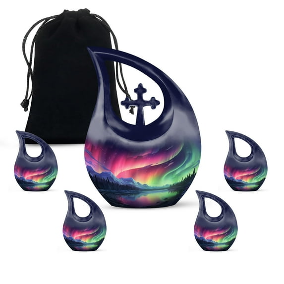 MUKTIVE Aurora Borealis Combo Sets Cremation Urn for Ashes Adult Male, Mountain Urns for Human for Mom, Blue Decorative Burial Ashes Container, Funeral Gift for Mom(1 Large 10 ", 4 Keepsake 3 ")