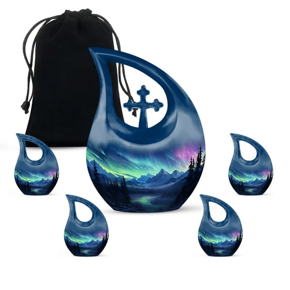 MUKTIVE Aurora Borealis Combo Sets Cremation Urn for Human Ashes, Funeral Urns for Adult Ashes Men & Women, Blue Decorative Memorial for Dad & Mom, Mountains (1 Large 10 ", 4 Keepsake 3 ")