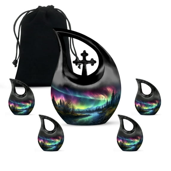 MUKTIVE Aurora Borealis Cremation Urns for Men & Women, Snowy Forest Combo Sets Funeral Urn for Ashes Adult Female & Male, Colorful Urns for Human Ashes, (1 Large 10 ", 4 Keepsake 3 ")