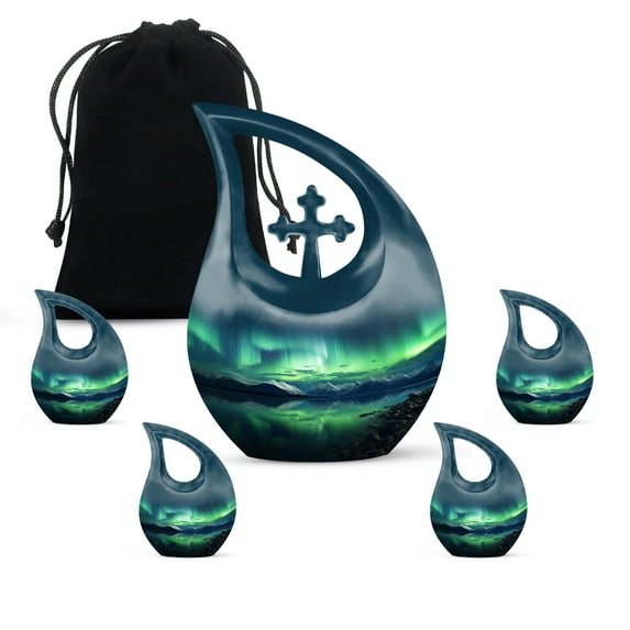 MUKTIVE Aurora Borealis Memorial Urn for Adult Ashes, (1 Large 10 ", 4 Keepsake 3 ") Cremation Urn for Men & Women, Elegant Funeral & Burial Decorative Urn