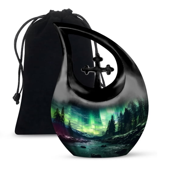 MUKTIVE Aurora Borealis Memorial Urn for Human Ashes Adult Male & Female - Large Funeral Urns for Adult Men & Women - Decorative Cross Drop Blue Urns for Burial (10 Inch)