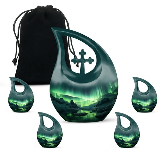 MUKTIVE Aurora Borealis Urn for Ashes, Funeral Urns for Adult Ashes Men & Women, Cremated Ash Urns, Decorative & Memorial Gift, Combo Sets (1 Large 10 ", 4 Keepsake 3 ")