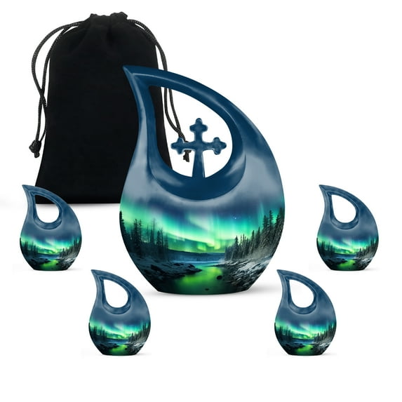 MUKTIVE Aurora Borealis Urn for Ashes for Women & Men, Northern Lights Adult Cremation Urns for Human Ashes, Combo Set, (1 Large 10 ", 4 Keepsake 3 ")