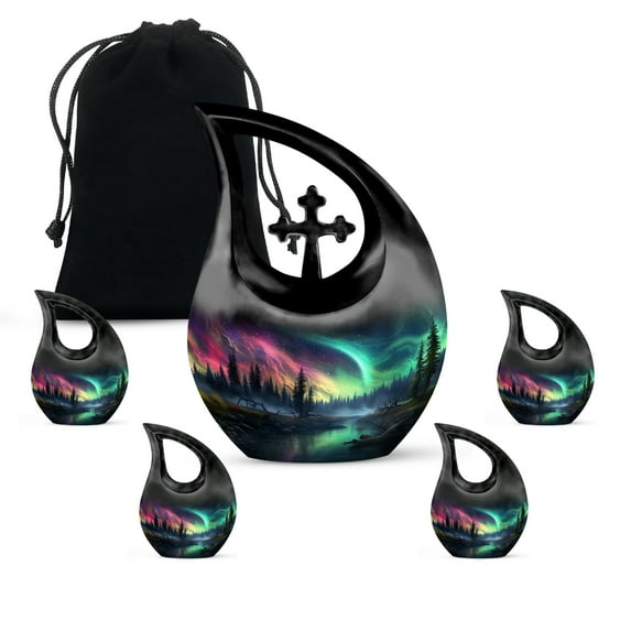 MUKTIVE Aurora Borealis Urns for Human Ashes, Tear Urns for Human Ashes, (1 Large 10 ", 4 Keepsake 3 "), Combo Sets Urn, Northern Lights Urn, Burial Cremation Combo Sets(Include Velvet Bag)