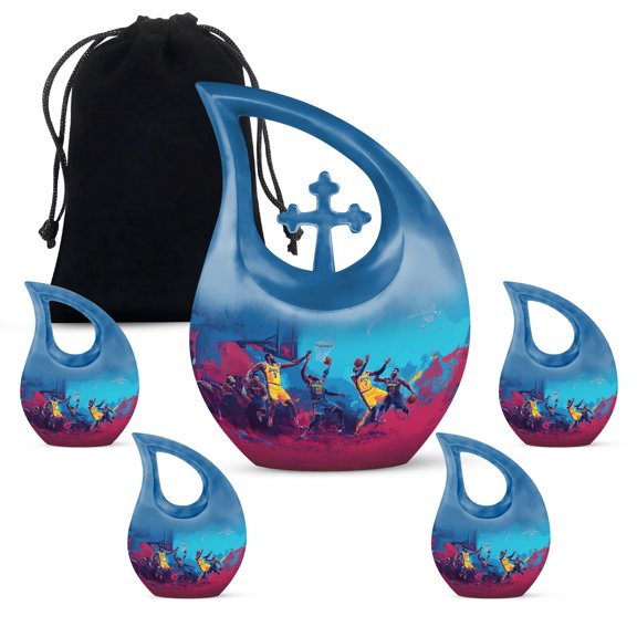 MUKTIVE Basket Ball Combo Sets Funeral Urns for Adult Human Ashes Men, Blue Memorials & Funerary Urn for Human Ashes, Decorative Cremains Holders, Memorial Gift, (1 Large 10 ", 4 Keepsake 3 ")