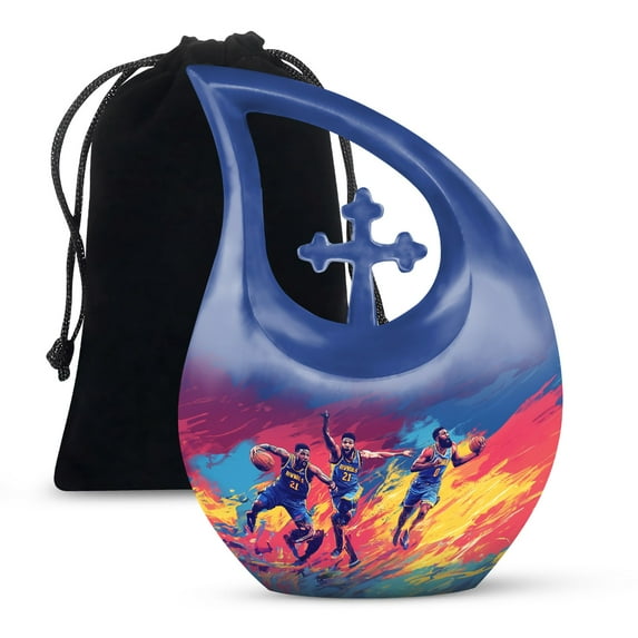 MUKTIVE Basketball Player Burial Urns for Adult Human Ashes for Men & Women 10 inch - Blue Adult Urns for Male & Female Cremation - Cross Large Cremation Urn for Dad & Mom