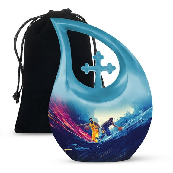 MUKTIVE Basketball Player Cremation Urns for Ashes Adult Male 10 inch - Large Blue Memorial Urns for Human Ashes Adult Female - Funeral Urn for Human Remains - Cross Drop Urn for Mom & Dad