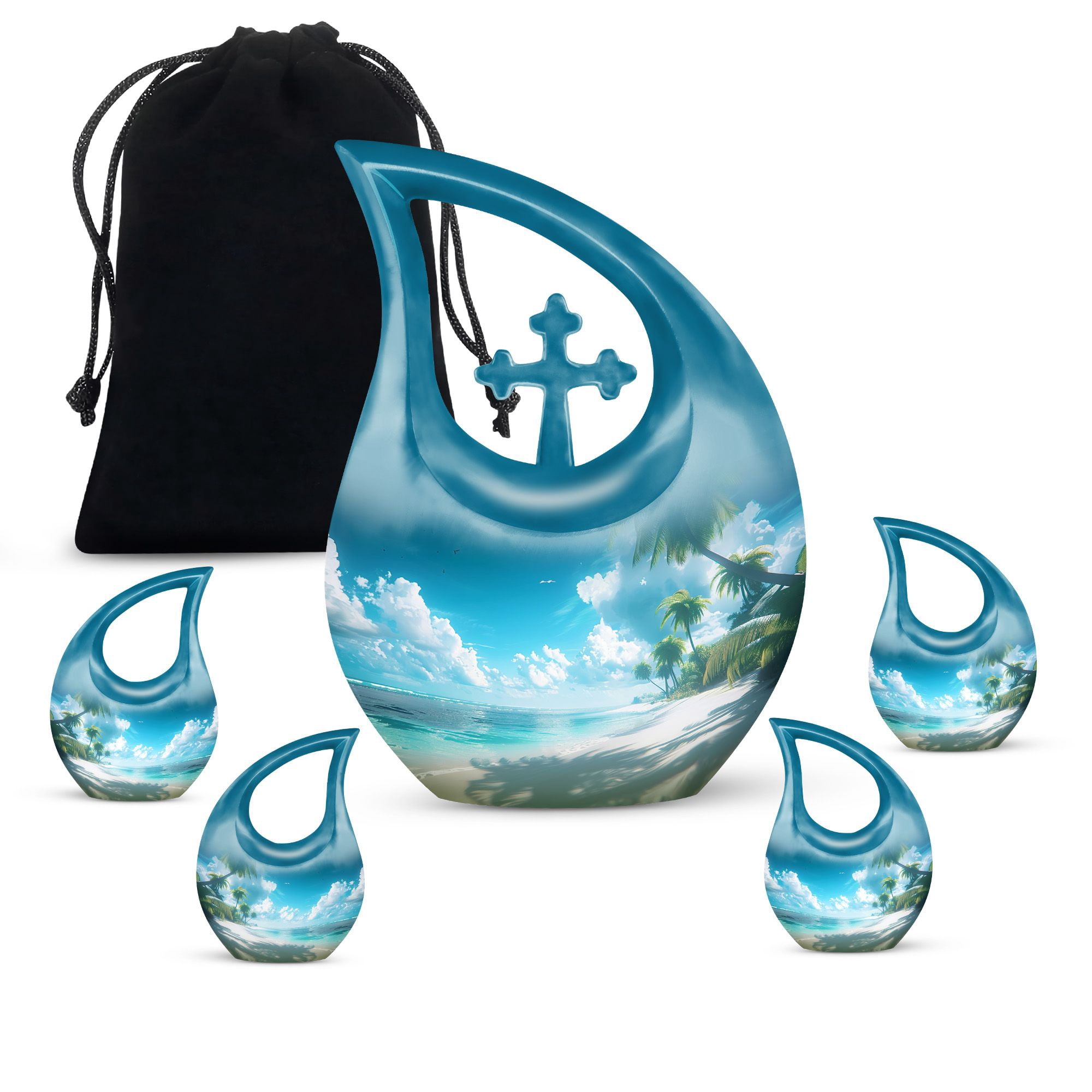MUKTIVE Beach Cremation Burial Combo Sets Urns for Human Ashes Adult Men & Women, Blue Memorial Funeral Urn for Adult Father & Mother, (1 Large 10 ", 4 Keepsake 3 ") Decoration Urn for Human