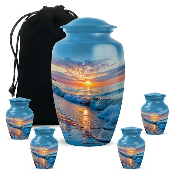 MUKTIVE Beach Large Urns for Human Ashes 10 Inch, Sunset Decorative Urns for Human Ashes Adult Man, 3 Inch Cremation Urn for Women, Funeral Blue Urn for Remains (1 Large, 4 Keepsake)