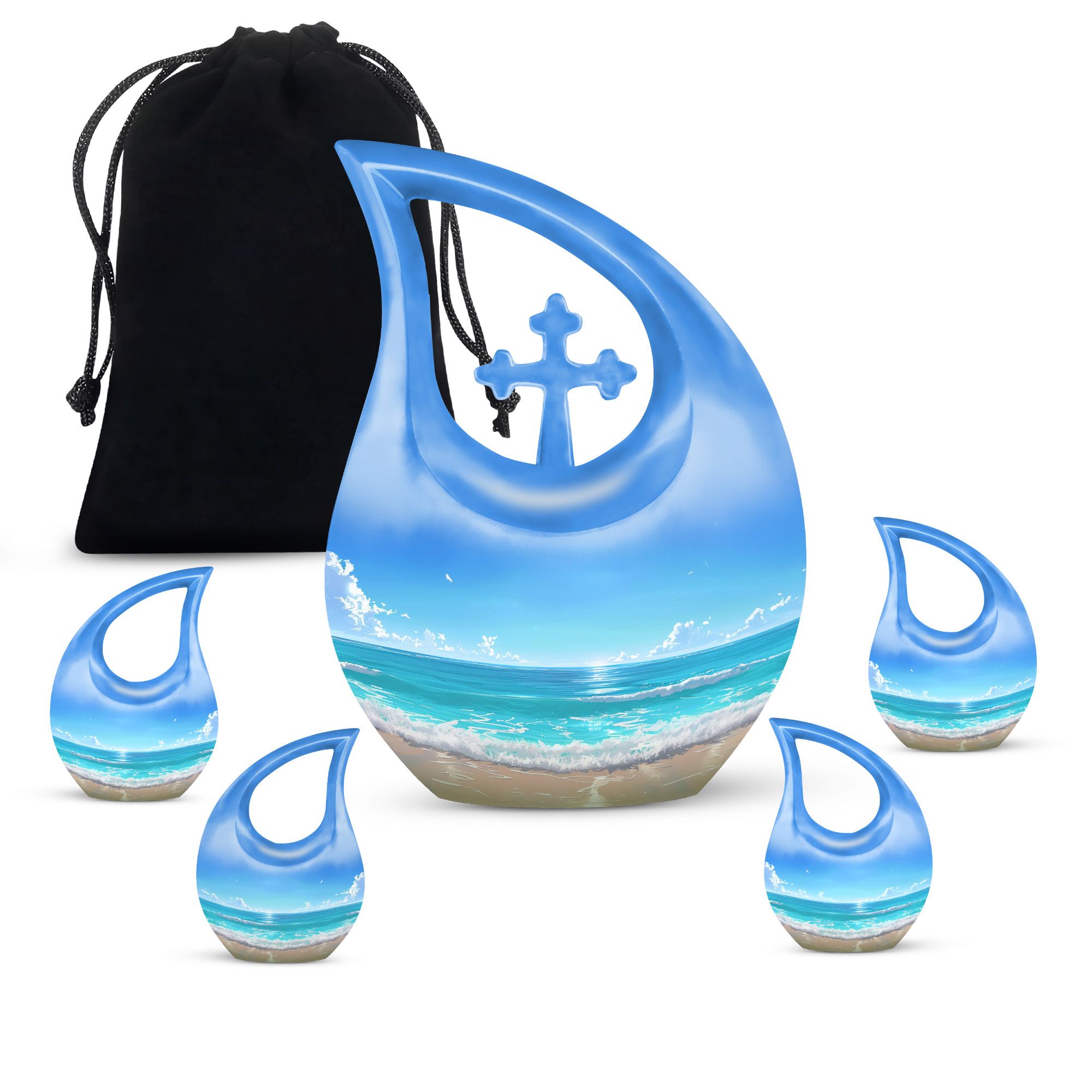 MUKTIVE Beach Memorial Urns for Adult Male, Funeral Urn for Ashes for Women, Combo Sets Blue Cremation Urn for Brother & Sister, Burial Urns for Human Ashes Adult Man,(1 Large 10 ", 4 Keepsake 3 ")