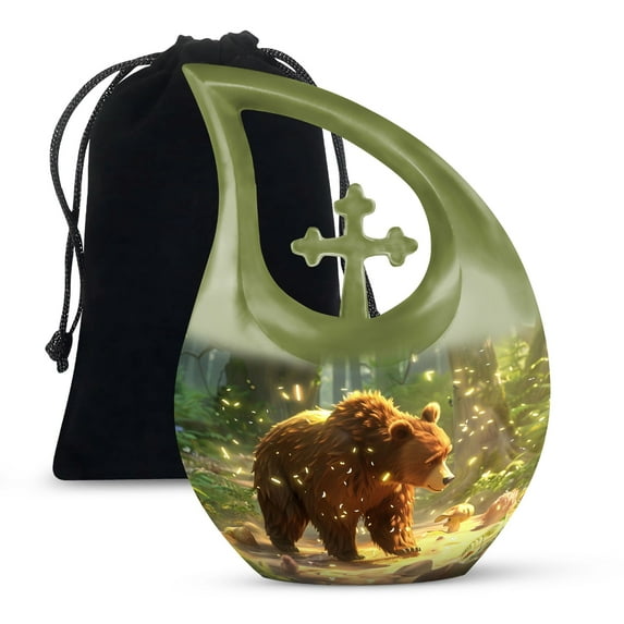 MUKTIVE Bear Funeral Urns for Human Ashes Adult Female - Large Cross Drop Memorial Urns for Adult Male - Forest Green Cremation Urn for Mother & Father - Burial Urn for Ashes for Women - 10 Inch