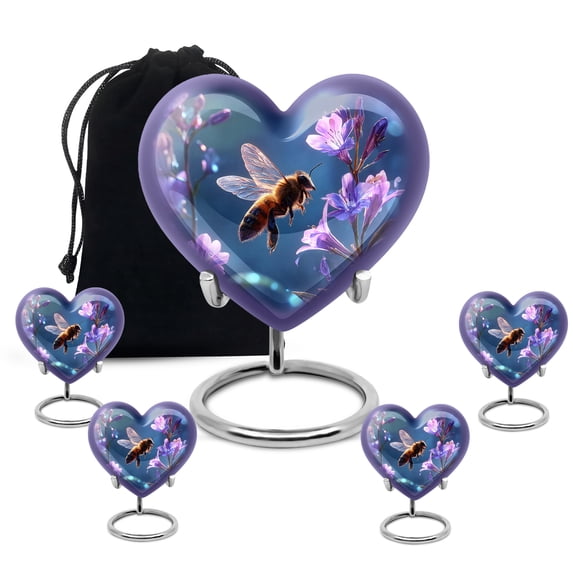 MUKTIVE Bee Cremation Urn for Ashes for Adult male, Large Heart Decorative Urns, Handmade blue Urn for Human Ashes Adult Male & Female for Funeral (1 Large, 4 Keepsake)