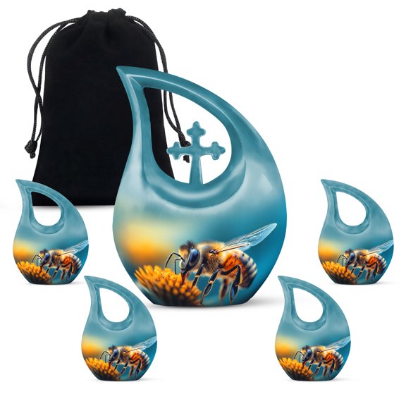 MUKTIVE Bees Cremation Urn for Human Ashes Adult Mother & Father, Memorial Flower Combo Sets Urn for Men & Women, Blue Urns for Burial(1 Large 10 ", 4 Keepsake 3 ")