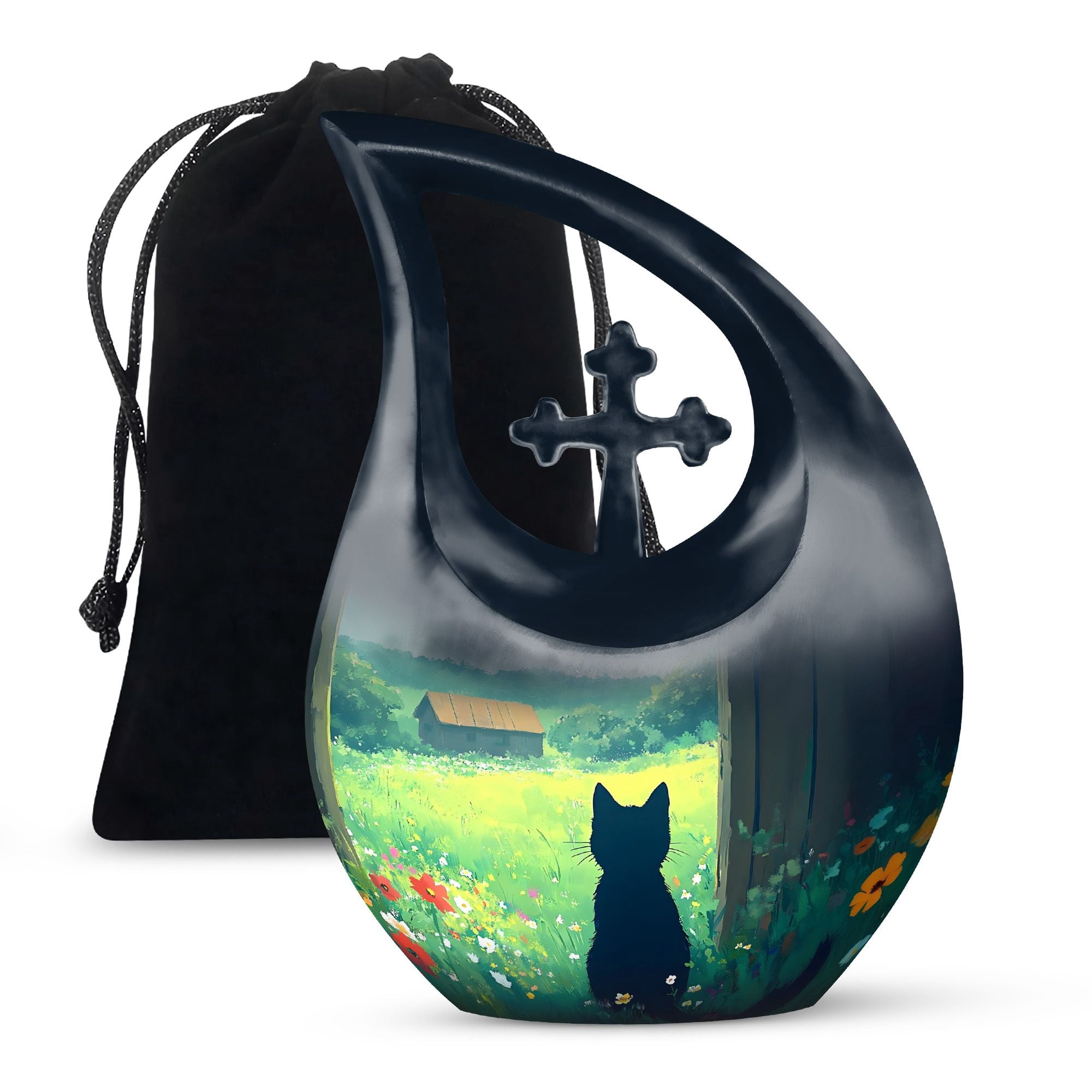MUKTIVE Black Cat Large Urns for Human Ashes Remains - Flowers Memorial Cross Drop Adult Urns for Human Ashes Men and Women with Velvet Bag - Memorial Gifts for Loss of Mom, 10 Inch