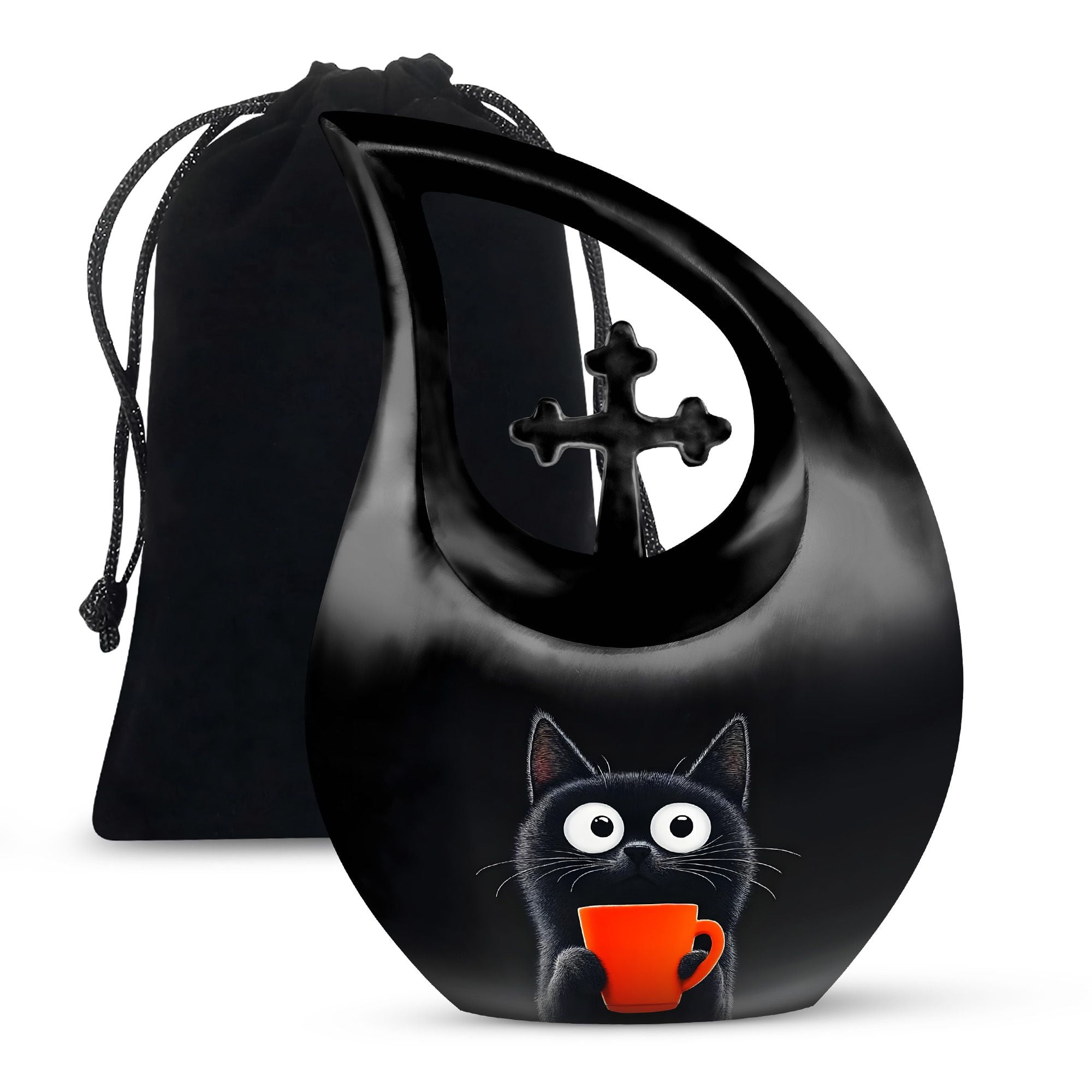 MUKTIVE Black CatUrn for Human Ashes, Decorative Funeral Large Urn for Ashes for Women and Men, (Cross Drop Large, 10 Inch)