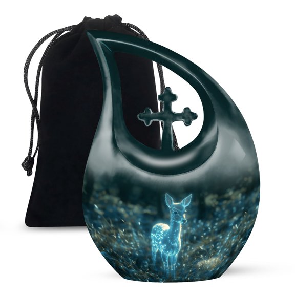 MUKTIVE Blue Deer Adult Urns for Human Ashes - Memorial Cross Drop Large Urns for Human Ashes - Funeral Urn for Adult Male and Female - Holds 180 Cubic - Memorial Gifts for Loss of Mom, 10 Inch