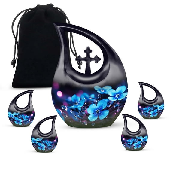 MUKTIVE Blue Flowers Memorial Urn for Human Ashes Adult Male & Female, Combo Sets Burial Urns for Husband & Wife, Cremation Urn for Men & Women(1 Large 10 ", 4 Keepsake 3 ")
