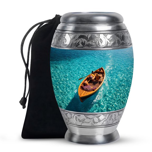 MUKTIVE Boat Cremation Urn for Father Ashes, Large Decorative Aqua Blue Urns for Ashes Women, Female Urns for Burial, Memorial Gift Urn for Adult Male, 10 Inch