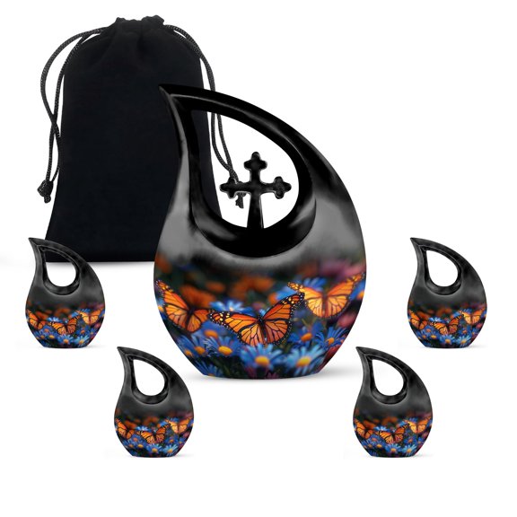 MUKTIVE Butterfly on Bule Flowers Urn for Ashes Adult Male & Female, Decorative Memorial Combo Sets Urn for Human Ashes, Combo Set, (1 Large 10 ", 4 Keepsake 3 ")