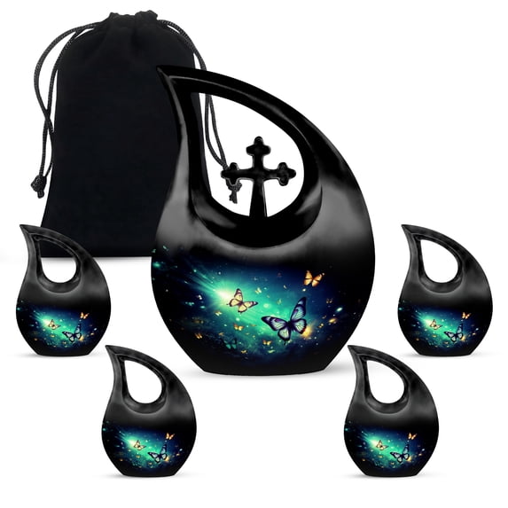 MUKTIVE Butterfly Cremation Urn for Human Ashes Adult Mom & Dad, Burial Black Urn for Husband & Wife, Combo Sets Ashes for Male & Female(1 Large 10 ", 4 Keepsake 3 ")