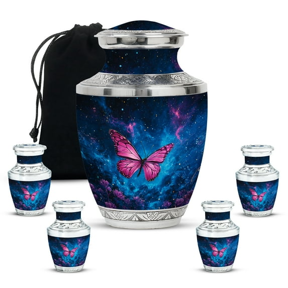 MUKTIVE Butterfly Female Funeral Urns for Ashes Adult, Galaxy Burial Urn for Mother & Father, Blue Burial Urns for Human Ashes Adult Male, Mini Cremation Urn (1 Large, 4 Keepsake)