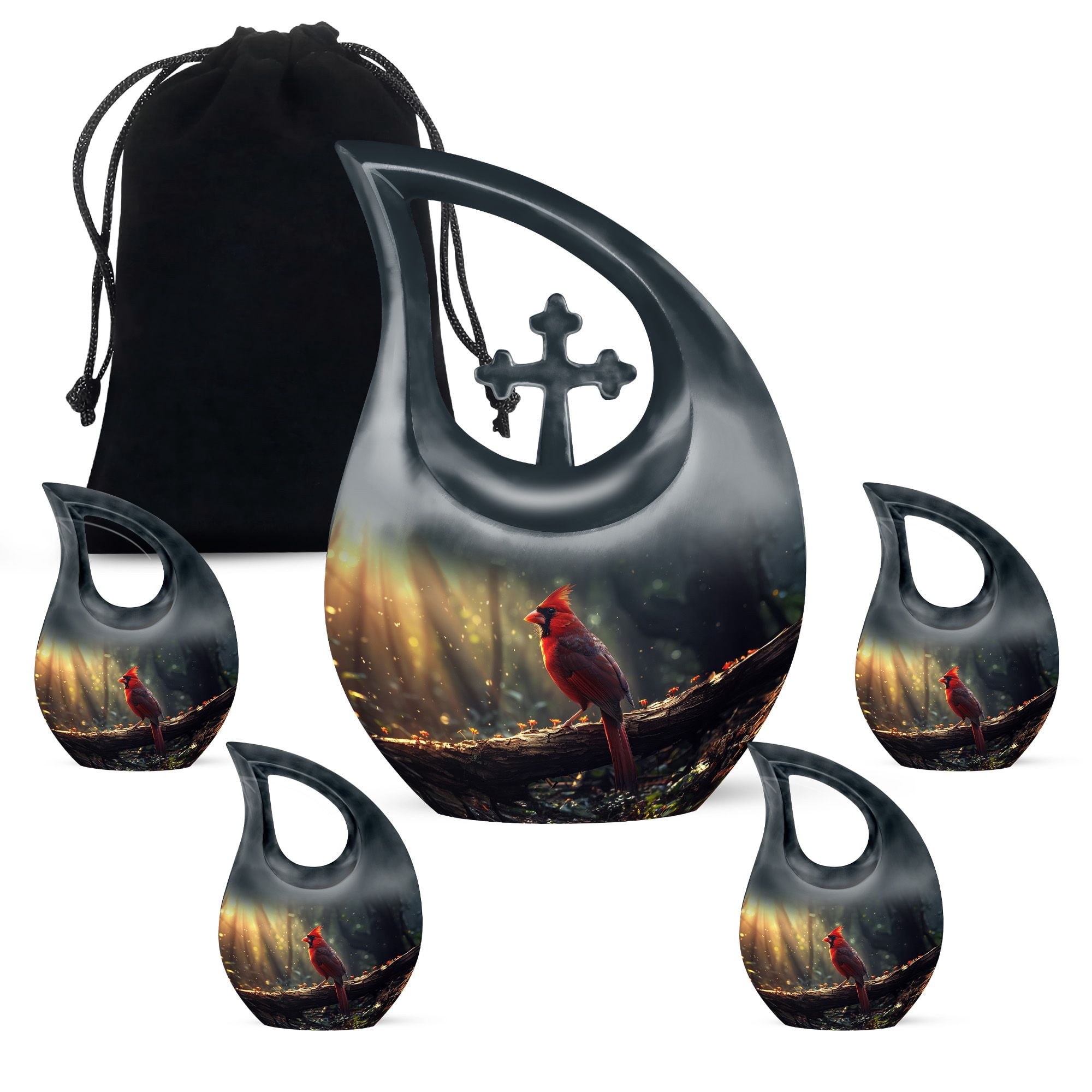 MUKTIVE Cardinal Burial Urns for Adult Male, Combo Sets Black Cremation Urns for Human Ashes Adult Female, Decorative Bird Urn, Funeral Urn for Human Ashes, (1 Large 10 ", 4 Keepsake 3 ")