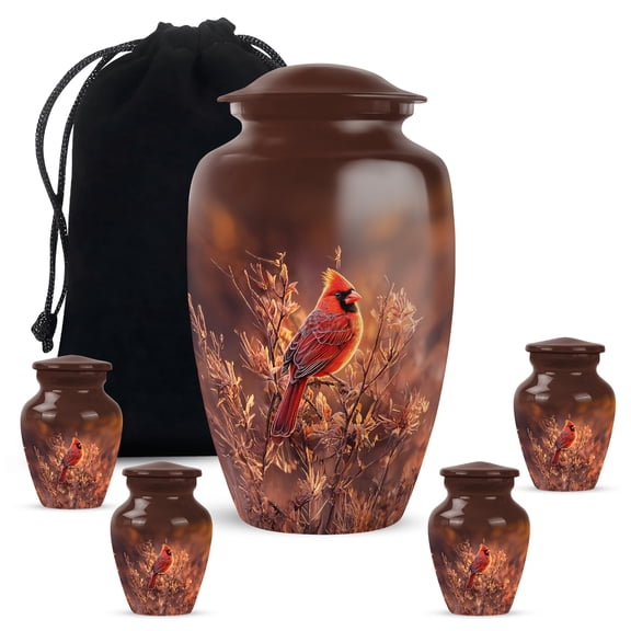 MUKTIVE Cardinal Set of 5 Urns for Human Ashes - Memorial Brown Combo Urn for Ashes Adult Male & Female - Large Cremation Urns for Men - Keepsake Funeral Urn for Daughter & Son (1 Large, 4 Keepsake)