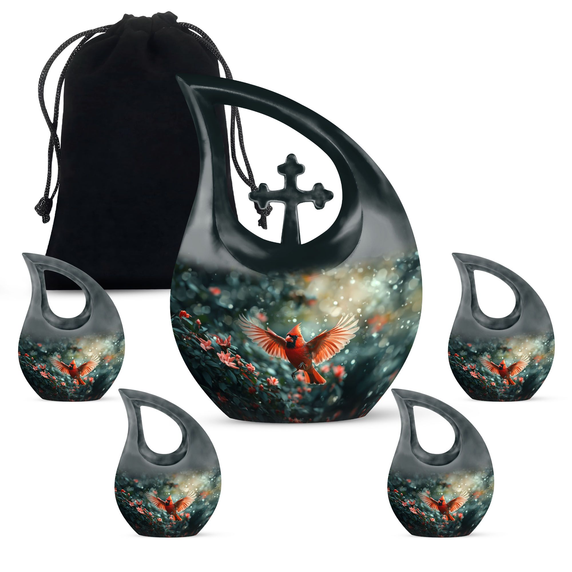 MUKTIVE Cardinal Theme (1 Large 10 ", 4 Keepsake 3 ") Cremation Urn for Adult Male, Urns for Human Ashes Adult Female, Tear Urn for Ashes, Cremation Keepsakes for Grandma