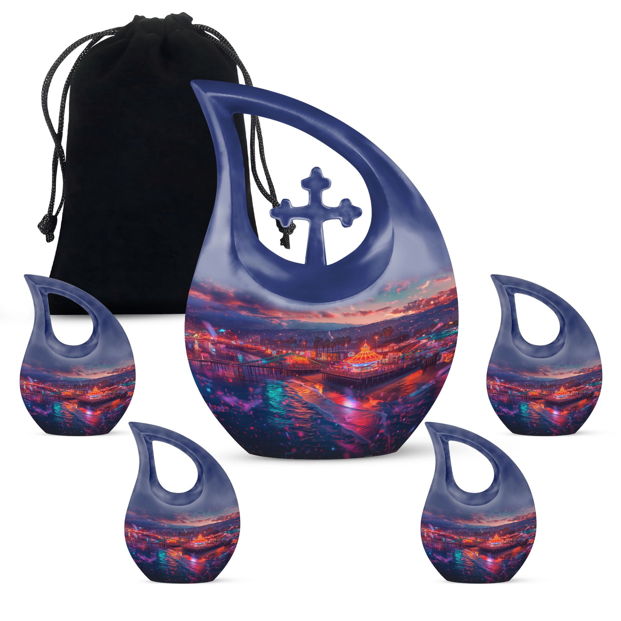 MUKTIVE Carousel Memorial Burial Urns for Human Ashes Adult Grandfather & Grandmother, Beach Cremation Funeral Urn for Adult Men & Women, (1 Large 10 ", 4 Keepsake 3 ") Combo Sets Urn for Human
