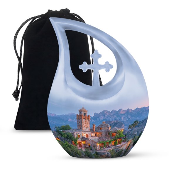 MUKTIVE Castle Cremation Urns for Human Ashes Adult Man - Cross Drop Funeral Urn for Adult Male 10 Inch - Cloud with Mountain Cremains Containers - Large Memorial Ashes Holder