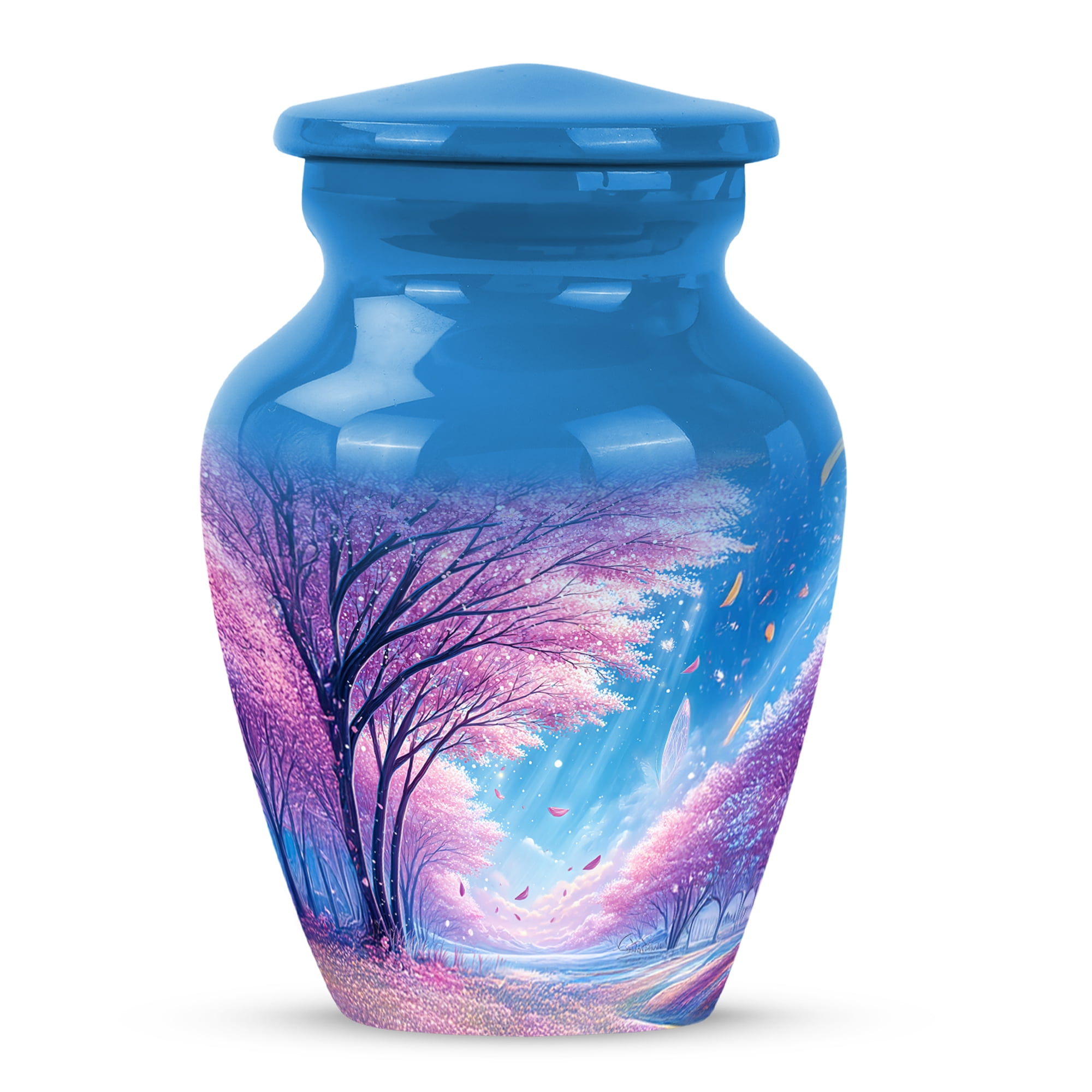 MUKTIVE Cherry Blossom Flowers Cremation Urns,Burial Urn for Human Ashes Adult Man, Decorative Urn for Women Funeral, Blue Cremation Urn for Ashes for Female Burial, 3 Inch