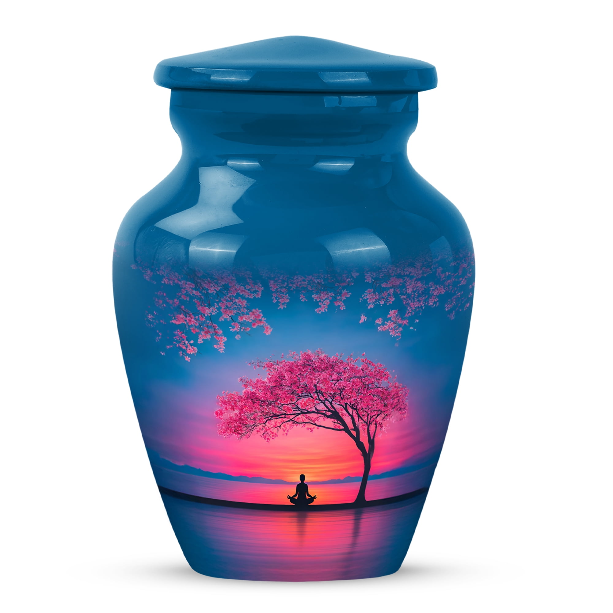 MUKTIVE Cherry Blossom Funeral Urns for Ashes Adult Man, Keepsake Blue Memorial Urn for Ashes for Women, Meditation Burial Urns for Adult Male, Sunrise Cremation Urn, 3 Inch