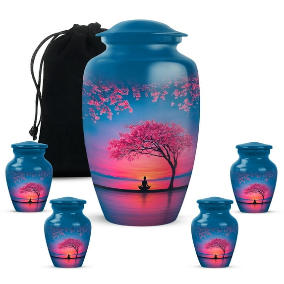MUKTIVE Cherry Blossom Memorial Combo Urns for Human Ashes, Large Funeral Urns for Ashes Adult Female and Male Cremation, Keepsake Blue Burial Urn for Women (1 Large, 4 Keepsake)