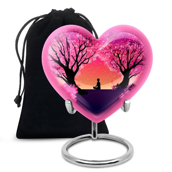 MUKTIVE Cherry Blossom Memorial Tribute Heart Urns for Loved Ones, Pink Burial Adult Urn for Ashes Male & Female, Decorative Urns for Daughter Funeral, Cremated Urn for Son Burial, 8 Inch