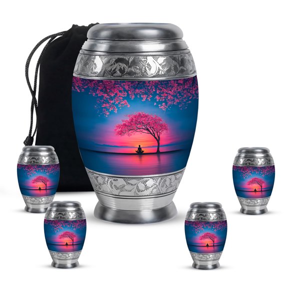 MUKTIVE Cherry Blossom Memorial Urn for Human Ashes, Large Sunrise Urns for Male Funeral, Blue Combo Urns for Adult Burial, Couple Cremation Urn for Father Ashes,(1 Large, 4 Keepsake)