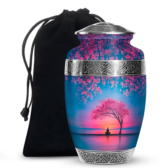 MUKTIVE Cherry Blossoms Adult Urns For Human Ashes Men and Women, Sunrise Ash Urns for Humans, Blue Urn for Ashes Adult Male 10 Inch, Memorial Large Urn for Loved Ones Funeral & Cremation