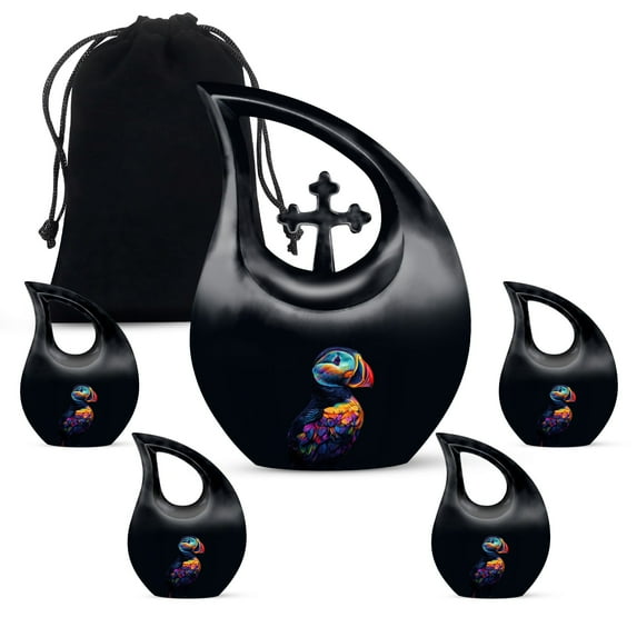 MUKTIVE Colorful Puffin Bird Cremation Urn for Adult Ashes Mom & Dad, Combo Sets Black Memorial Urns for Human Ashes Adult, Combo Sets, (1 Large 10 ", 4 Keepsake 3 ")