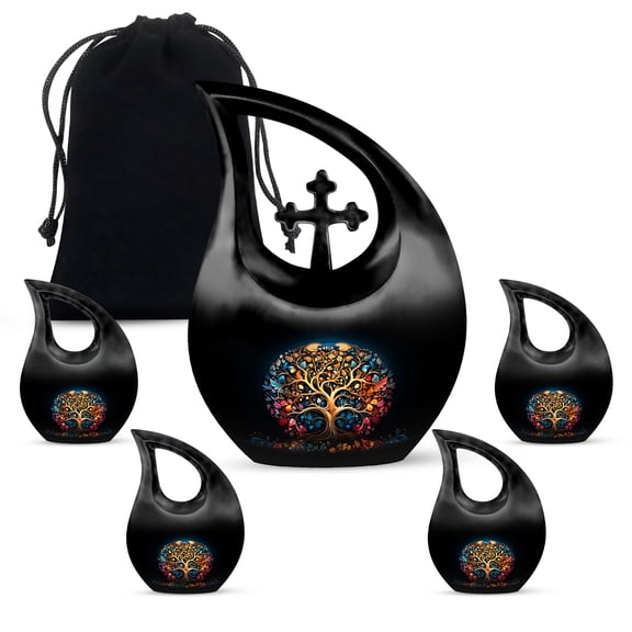 MUKTIVE Colourful Tree Decorative Urn for Human Ashes Adult Mom & Dad, Cremation Combo Sets Black Urn for Male & Female, Urns for Memorial, (1 Large 10 ", 4 Keepsake 3 ")