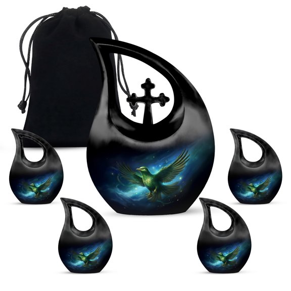 MUKTIVE Columbidae Bird Dad & Mom Urns for Human Ashes, Cremation Urns for Funeral, Burial &, Black Ash Urn for Ashes for Women & Men (1 Large 10 ", 4 Keepsake 3 "), Combo Sets Ash Holder