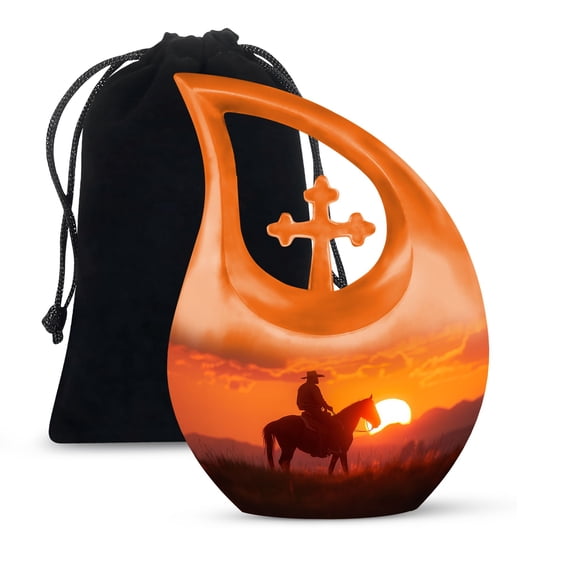 MUKTIVE Cowboy Cremation Memorial Urn - Ash Urns for Humans Ashes - 10 Inch Large Urn with Velvet Bag - Funeral Decorative Urns - Pack of 1