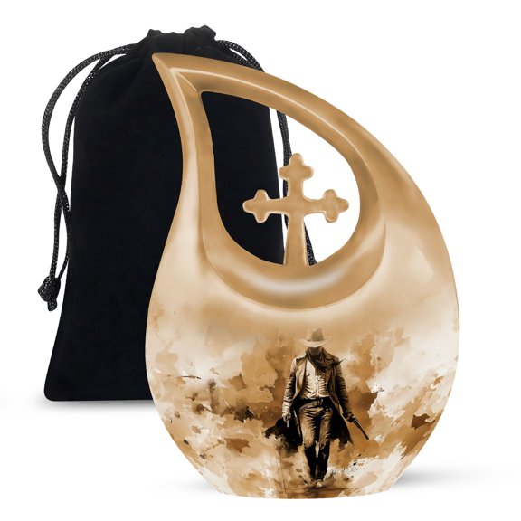 MUKTIVE Cowboy Urns for Ashes Adult Male - Cremation Urn - Tear Drop Urns for Human Ashes - 10 Inch - Mens largeBox - Memorial Tribute Burial Funeral Large