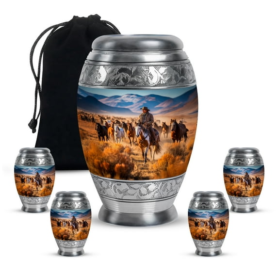 MUKTIVE Cowboys Combo Cremation Decorative Urns for Adult Ashes - Horses Funeral Urn for Adult Ashes Large - Cremation Cremated Remains Containers - Memorial Gift for Loss (1 Large, 4 Keepsake)