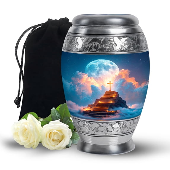 MUKTIVE Cross Human Urns for Ashes Adult Female - Moon Adult Male Urn for Ashes - Large Blue Urn for Burial Dad - 10 Inch Decorative Urns for Funeral Grandpa
