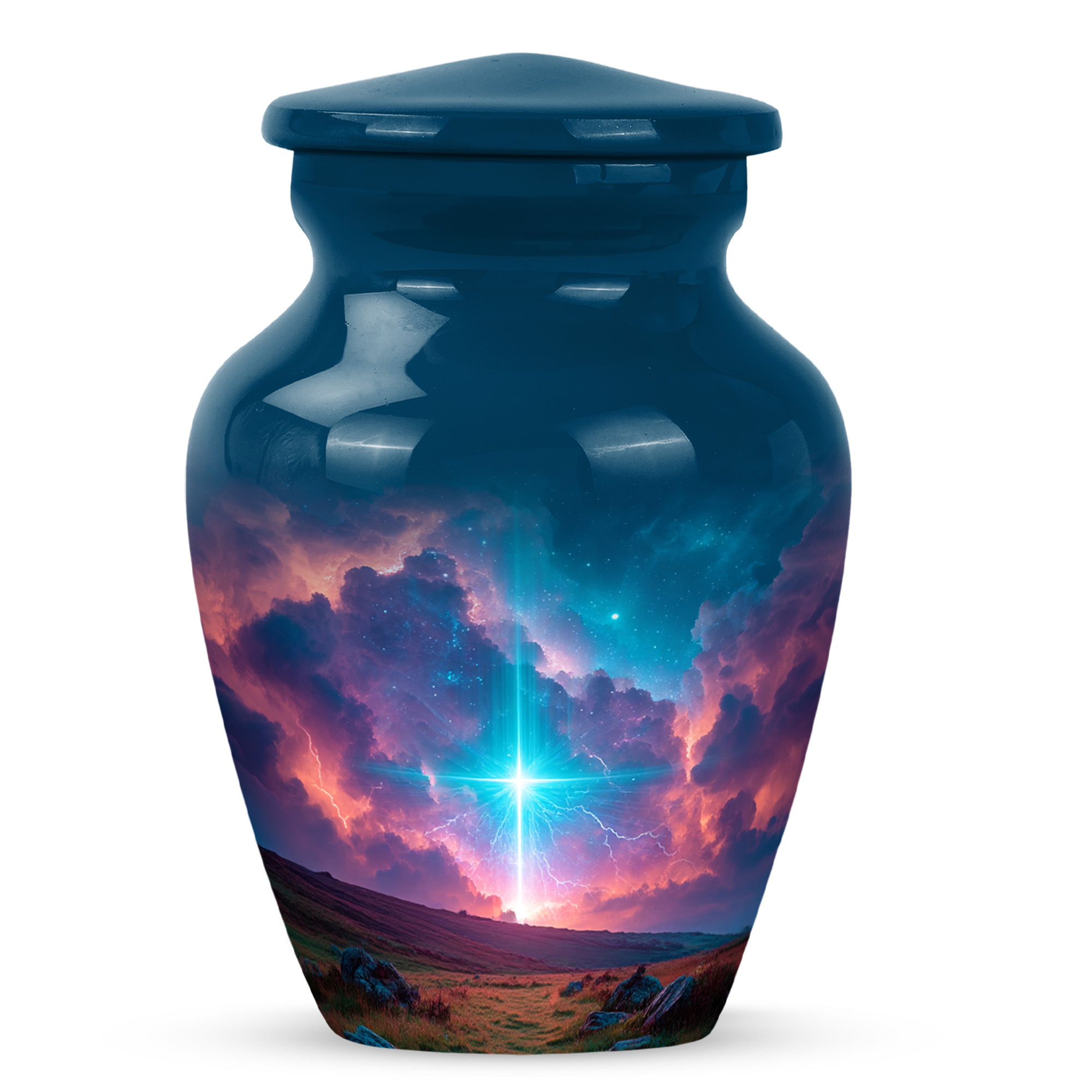 MUKTIVE Cross Small Cremation Urns for Human Ashes Female, Keepsake Navy Blue Urns for Human Ashes Adult Man, Mini Landscape Memorial Urn with Decorative Gift for Mom, 3 Inch