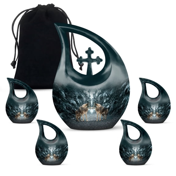 MUKTIVE Decorative Wolf Howling Cremation Urns for Human Ashes, (1 Large 10 ", 4 Keepsake 3 ") Memorial Gift for Father & Mother, Combo Sets Funeral & Burial Urn