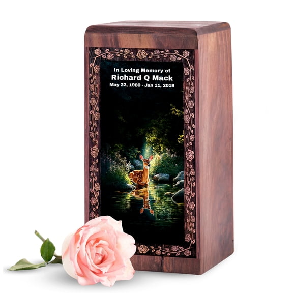 MUKTIVE Deer Urns for Human Ashes Keepsake, River Wooden Keepsake Box for Men 5 Inch, Black Cremation Urn for Dad Ashes, Funeral Urns Wood, Personalized Wood Urn, Engraved Wooden Memory Box
