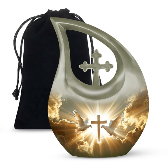 MUKTIVE Dove Birds with Cross Sign Large Funeral Urns for Human Ashes Adult Man, Decorative Memorial Urn for Ashes for Women, (Large Drop, 10 Inch)