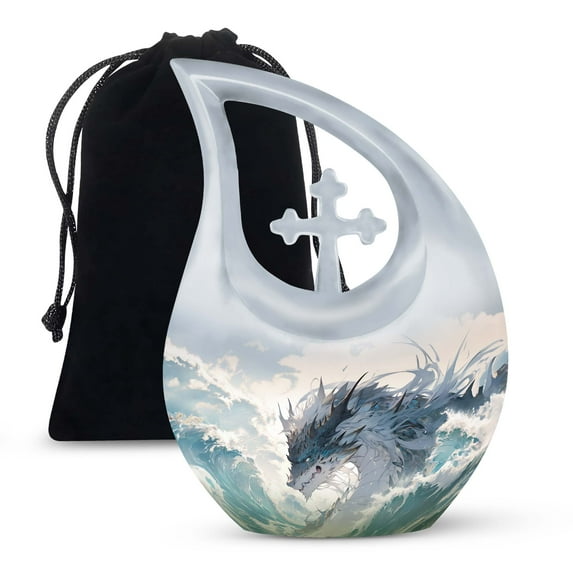 MUKTIVE Dragon Memorial Urns for Adult Male - White Burial Urns for Human Ashes Adult Man - Large Cross Drop Cremation Urn - Funeral Urn for Ashes for Women - 10 Inch